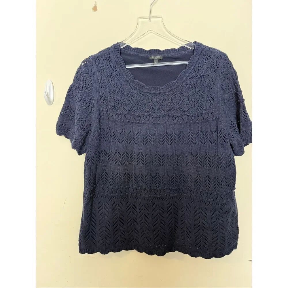 Talbots Navy Crochet Knit Short Sleeve Top Size 1X Plus Classic Casual Workwear